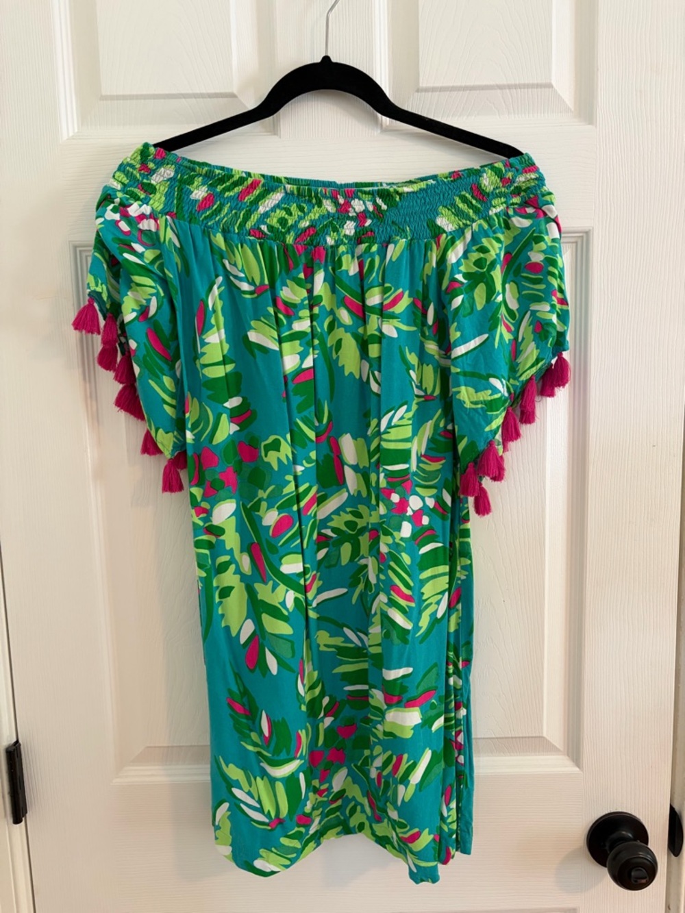 Escapade living Tropical Off-Shoulder Tassel Dress Teal with Pink & Lime Print m